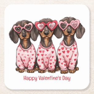 Happy Valentines Day Dachshund Dogs Square Paper Coaster