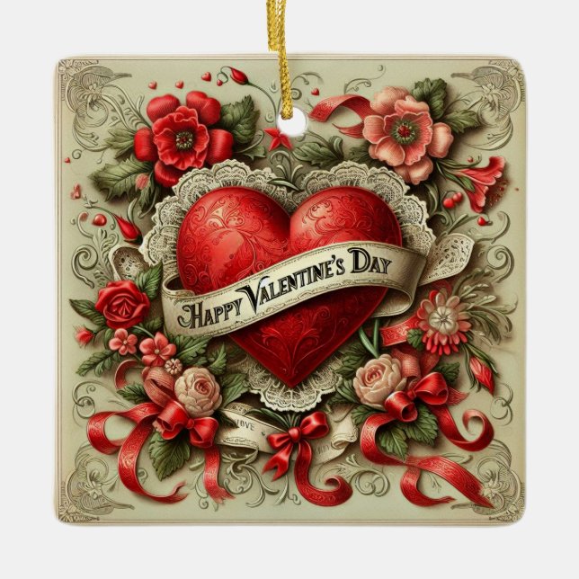 Happy Valentine's Day decorative illustration Ceramic Ornament (Front)