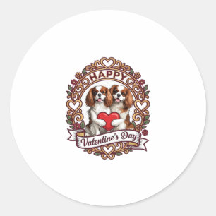 Happy Valentines Day Dog Red Heart Floral Frame_1 Classic Round Sticker
