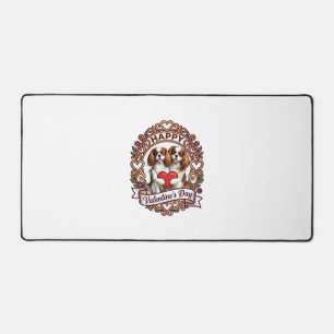 Happy Valentines Day Dog Red Heart Floral Frame_1 Desk Mat