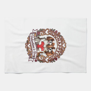 Happy Valentines Day Dog Red Heart Floral Frame_1 Tea Towel
