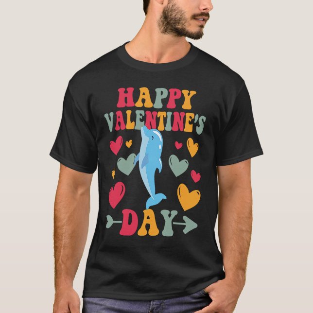 Happy Valentines Day Dolphin Heart Love Groovy T-Shirt (Front)