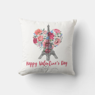 Happy Valentines Day Eiffel Tower Flowers heart Cushion