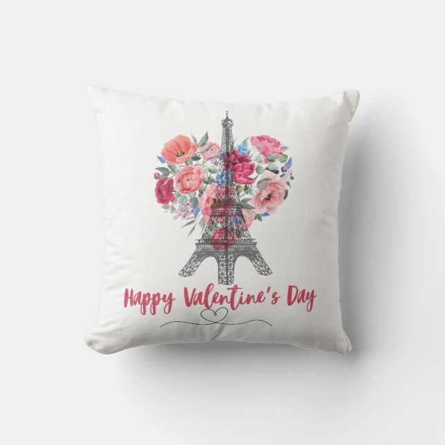 Happy Valentines Day|Eiffel Tower|Flowers heart Cushion (Front)