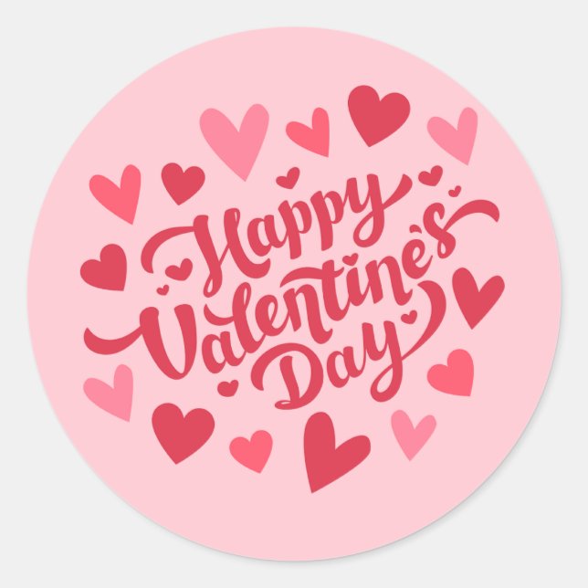 Happy Valentine's Day Elegant Script Pink Hearts  Classic Round Sticker (Front)