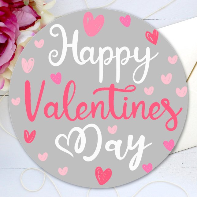 Happy Valentine's Day Elegant Script Pink Hearts Classic Round Sticker (Creator Uploaded)