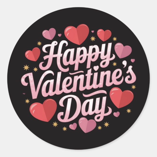 Happy Valentine's Day elegant script Pink hearts   Classic Round Sticker (Front)