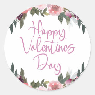 Happy Valentine's Day Elegant Script Purple Floral Classic Round Sticker