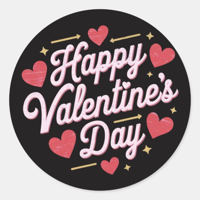 Happy Valentine's Day elegant script Red hearts    Classic Round Sticker (Front)