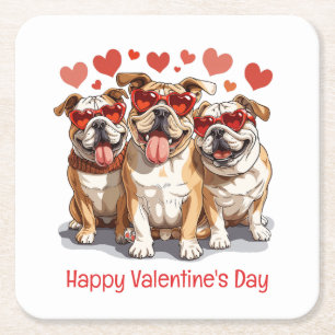 Happy Valentines Day English Bulldog Square Paper Coaster