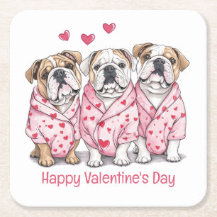 Happy Valentines Day English Bulldog Square Paper Coaster