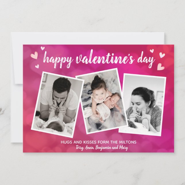 Happy Valentine's Day Family 3 Photo Collage Pink Holiday Card (Front)