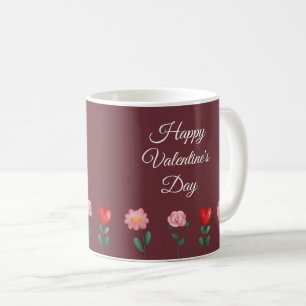 Happy Valentine's Day flowers burgundy script  Coffee Mug