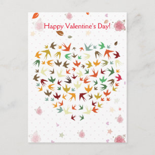 Happy Valentine's Day Flying Birds Colourful Heart Holiday Postcard