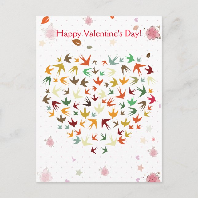 Happy Valentine's Day Flying Birds Colourful Heart Holiday Postcard (Front)