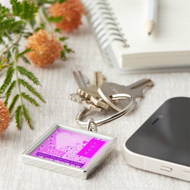Happy Valentine's Day Forever Love Hearts Pink Key Ring (Side)