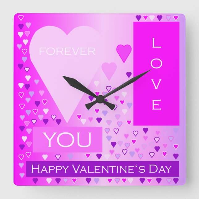Happy Valentine's Day Forever Love Hearts Pink Square Wall Clock (Front)