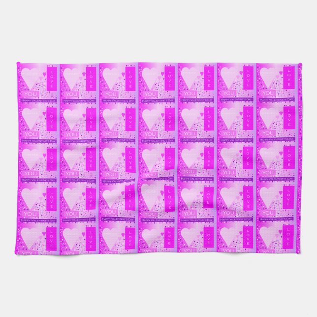 Happy Valentine's Day Forever Love Hearts Pink Tea Towel (Horizontal)