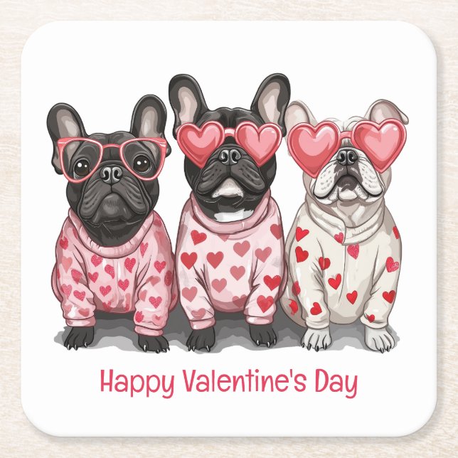 Happy Valentines Day French Bulldog Square Paper Coaster (Front)