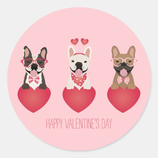 Happy Valentines Day French Bulldogs Classic Round Sticker (Front)