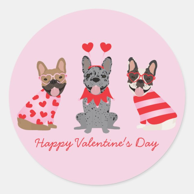 Happy Valentines Day French Bulldogs Classic Round Sticker (Front)