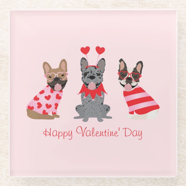 Happy Valentines Day French Bulldogs Glass Coaster (Front)
