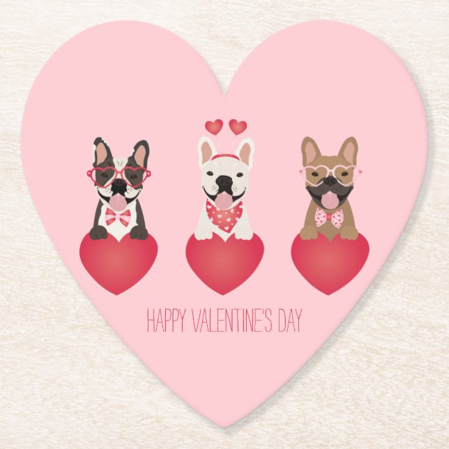 Happy Valentines Day French Bulldogs Paper Coaster (Front)
