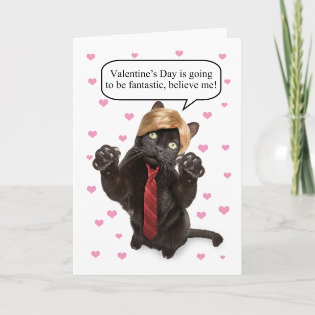 Happy Valentine's Day Funny Cat Dressed as Trump Holiday Card (Front)