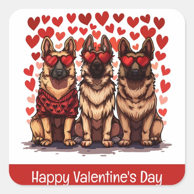 Happy Valentines Day German Shepherd Dogs Square Sticker (Front)