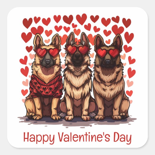 Happy Valentines Day German Shepherd Dogs Square Sticker (Front)