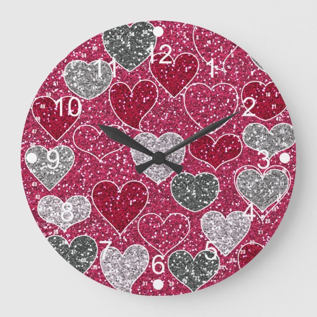 Happy Valentine's Day Glitter Love Bling Hearts Large Clock (Front)