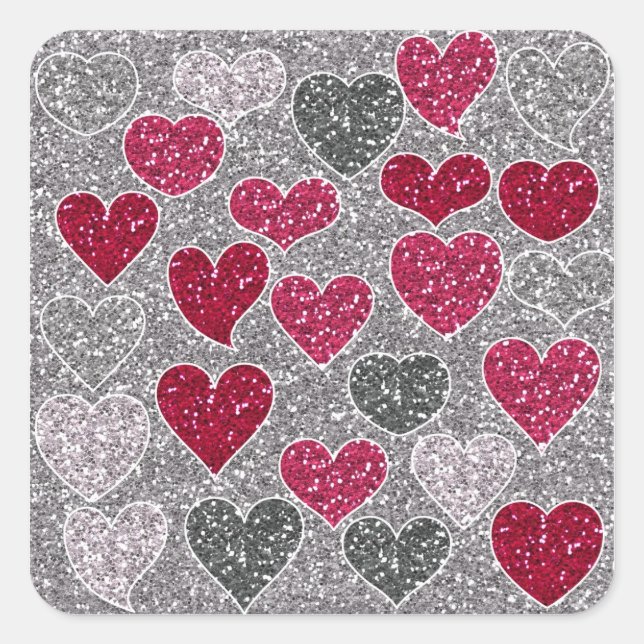 Happy Valentine's Day Glitter Love Bling Hearts Square Sticker (Front)