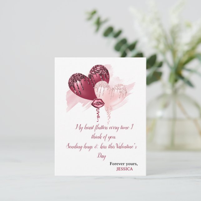 Happy Valentine's Day Glitter Red Heart  Lips Kiss Holiday Card (Standing Front)