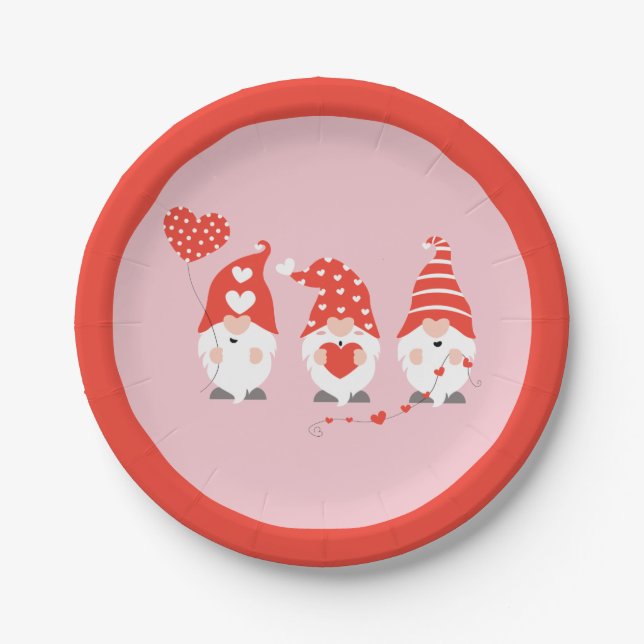 Happy Valentines Day Gnomes Red Paper Plate (Front)
