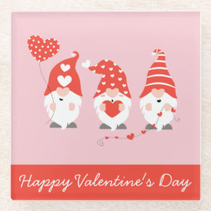 Happy Valentines Day Gnomes Red Pink Glass Coaster