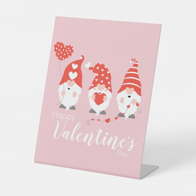 Happy Valentines Day Gnomes Red Pink Pedestal Sign (Front)