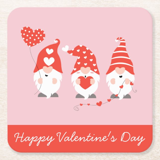 Happy Valentines Day Gnomes Red Pink Square Paper Coaster (Front)