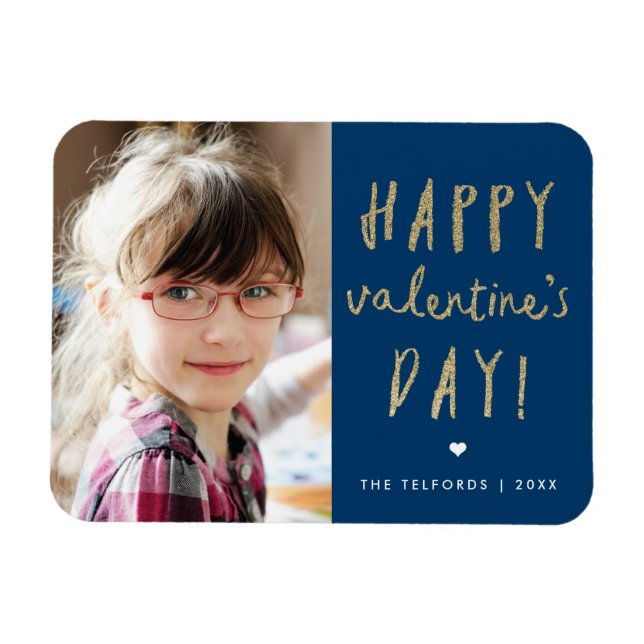 Happy Valentine's Day Gold Glitter Photo Magnet (Horizontal)