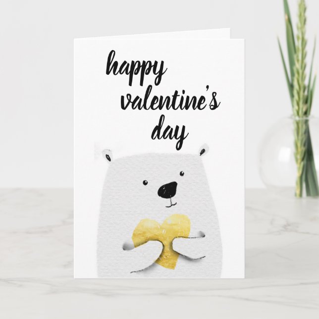 Happy Valentine's Day | Gold Heart Polar Bear Holiday Card (Front)