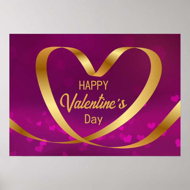 Happy Valentine's Day Gold Heart Ribbon Purple Poster (Front)