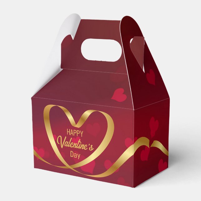 Happy Valentine's Day Gold Heart Ribbon Red Favour Box (Front Side)