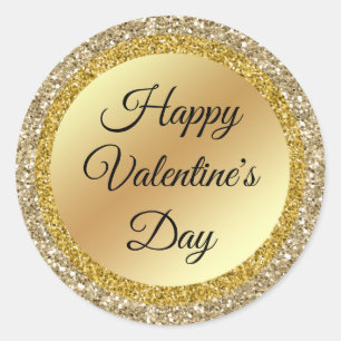 happy valentines day, gold metallic glitters classic round sticker
