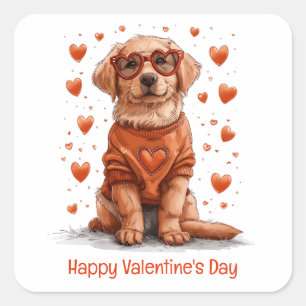 Happy Valentines Day Golden Retriever Dog Square Sticker