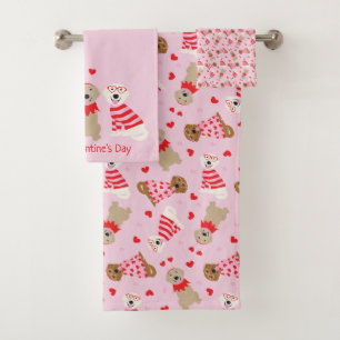 Happy Valentines Day Golden Retriever Dogs Bath Towel Set