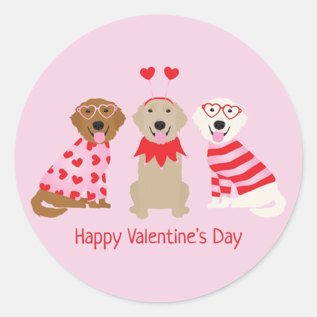Happy Valentines Day Golden Retriever Dogs Classic Round Sticker (Front)