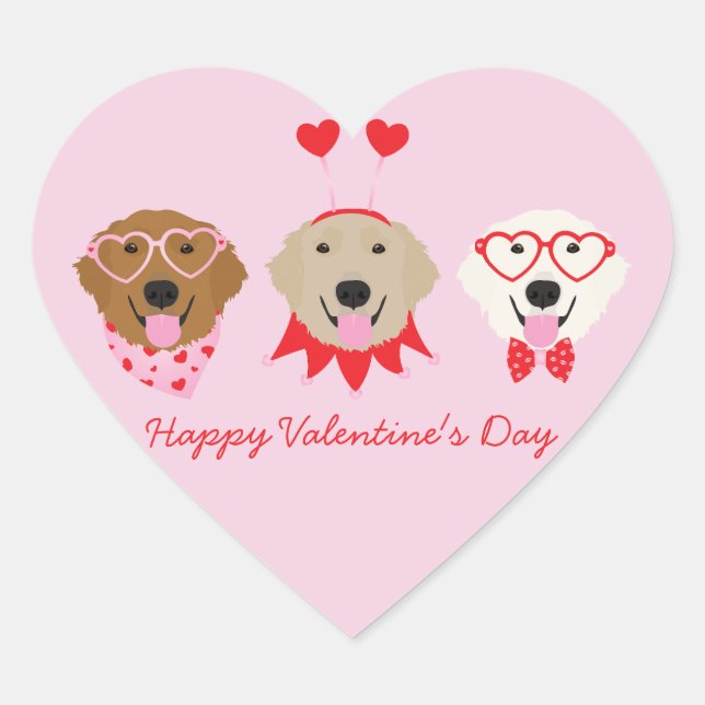 Happy Valentines Day Golden Retriever Dogs Heart Sticker (Front)