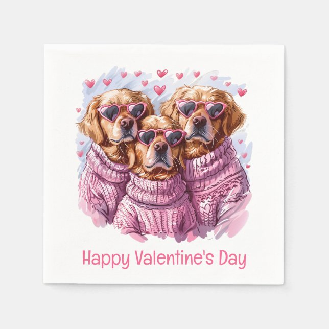 Happy Valentines Day Golden Retriever Dogs Napkin (Front)