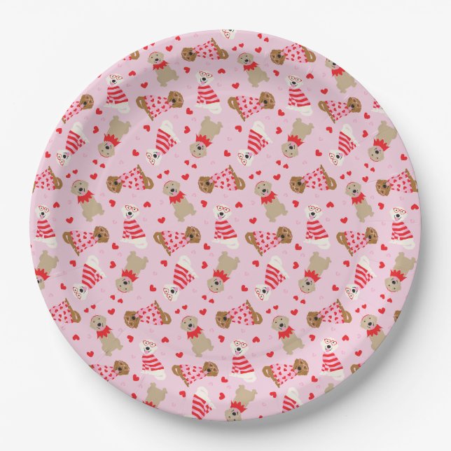 Happy Valentines Day Golden Retriever Dogs Paper Plate (Front)