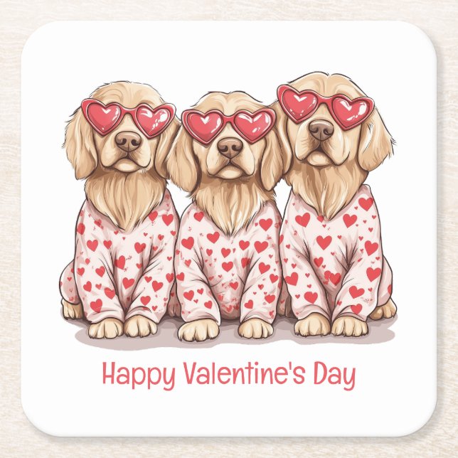Happy Valentines Day Golden Retriever Dogs Square Paper Coaster (Front)