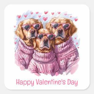 Happy Valentines Day Golden Retriever Dogs Square Sticker